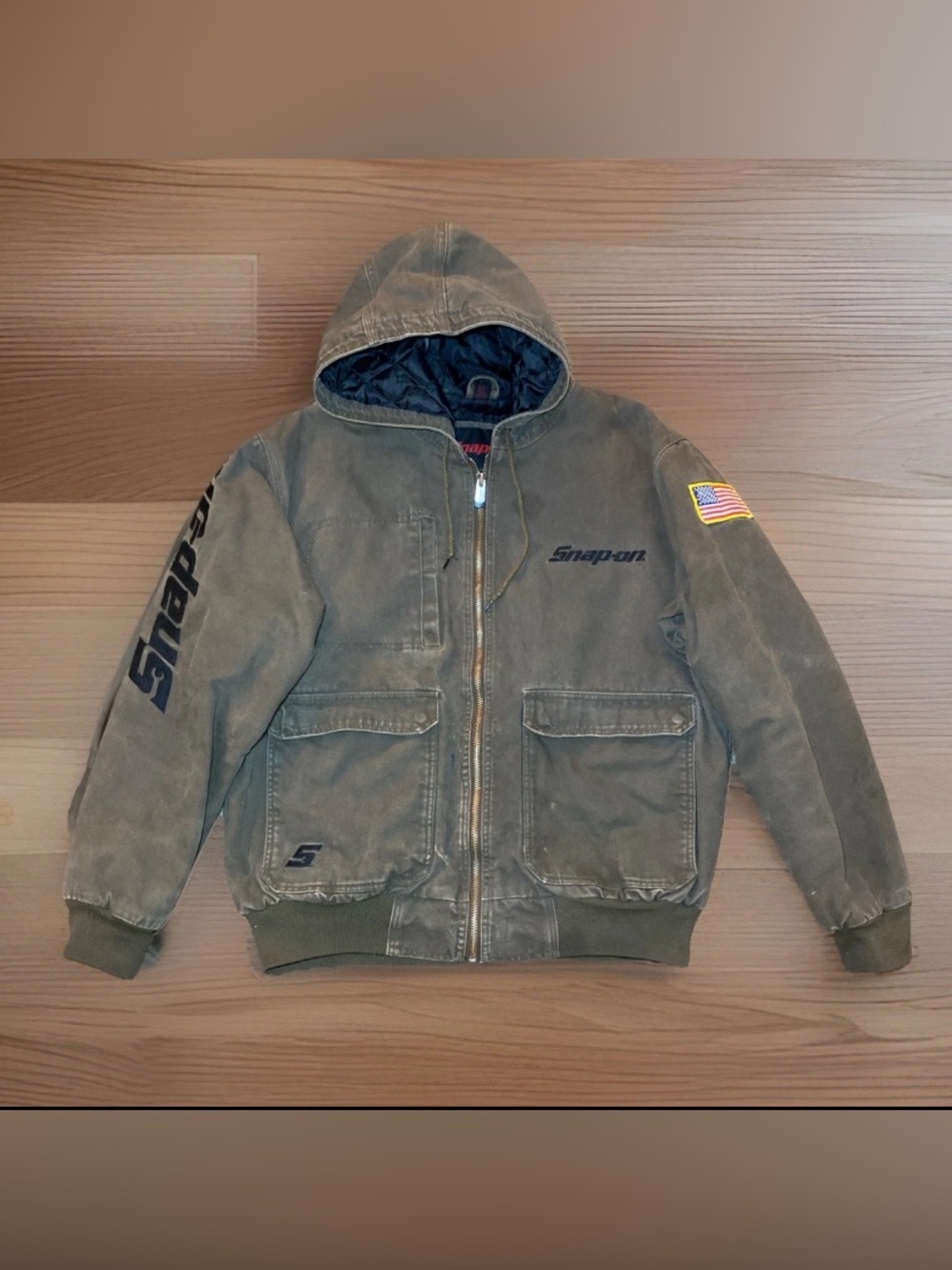 Snap On Tools Canvas Coat Heavy Brown Quilted Hooded Size L 2013 Distressed